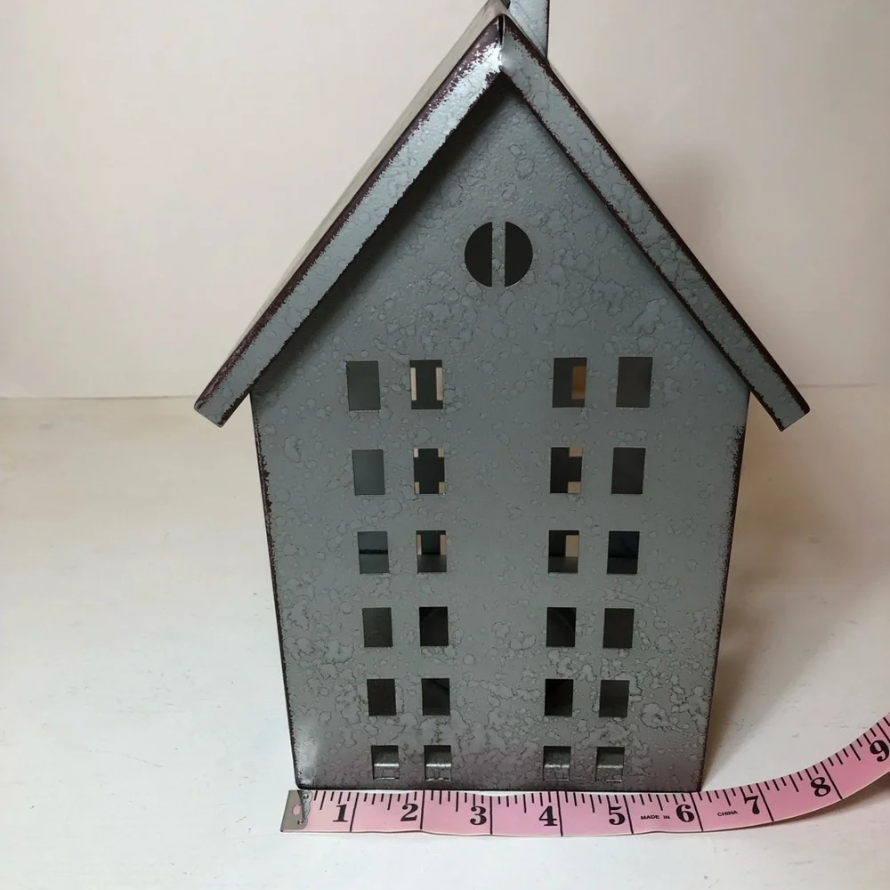 Decorative Galvantized Metal House Lantern/Candle/Votive Holder, EUC, Gray